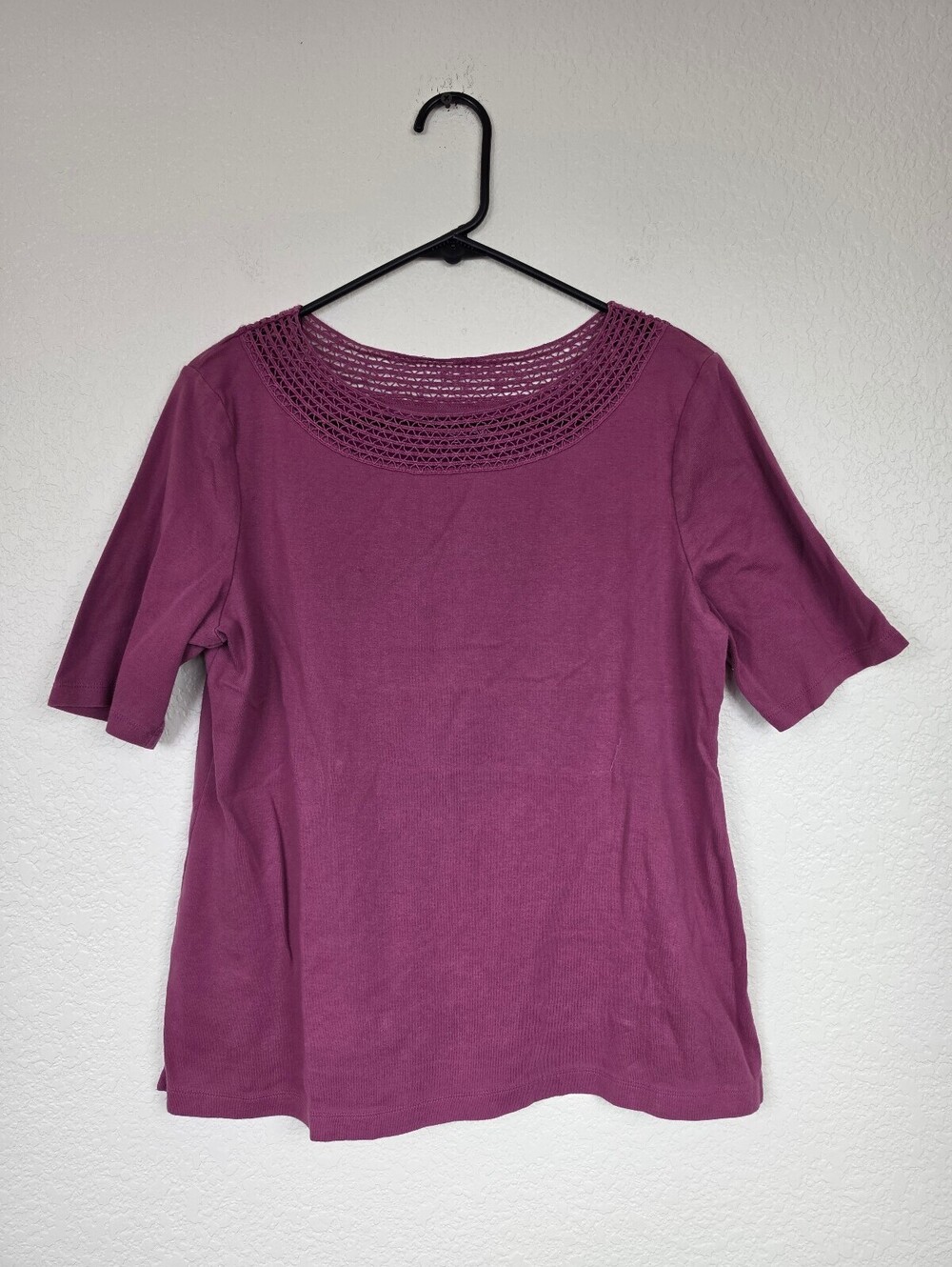Croft & Barrow Purple Cotton Knit Top with Crochet Neckline, Size Large